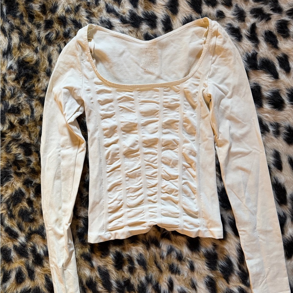 Free People Cream Long Sleeve Ruched Scoop Neck Top